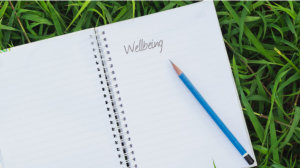 Notebook on grass with the word 'Wellbeing' written in it